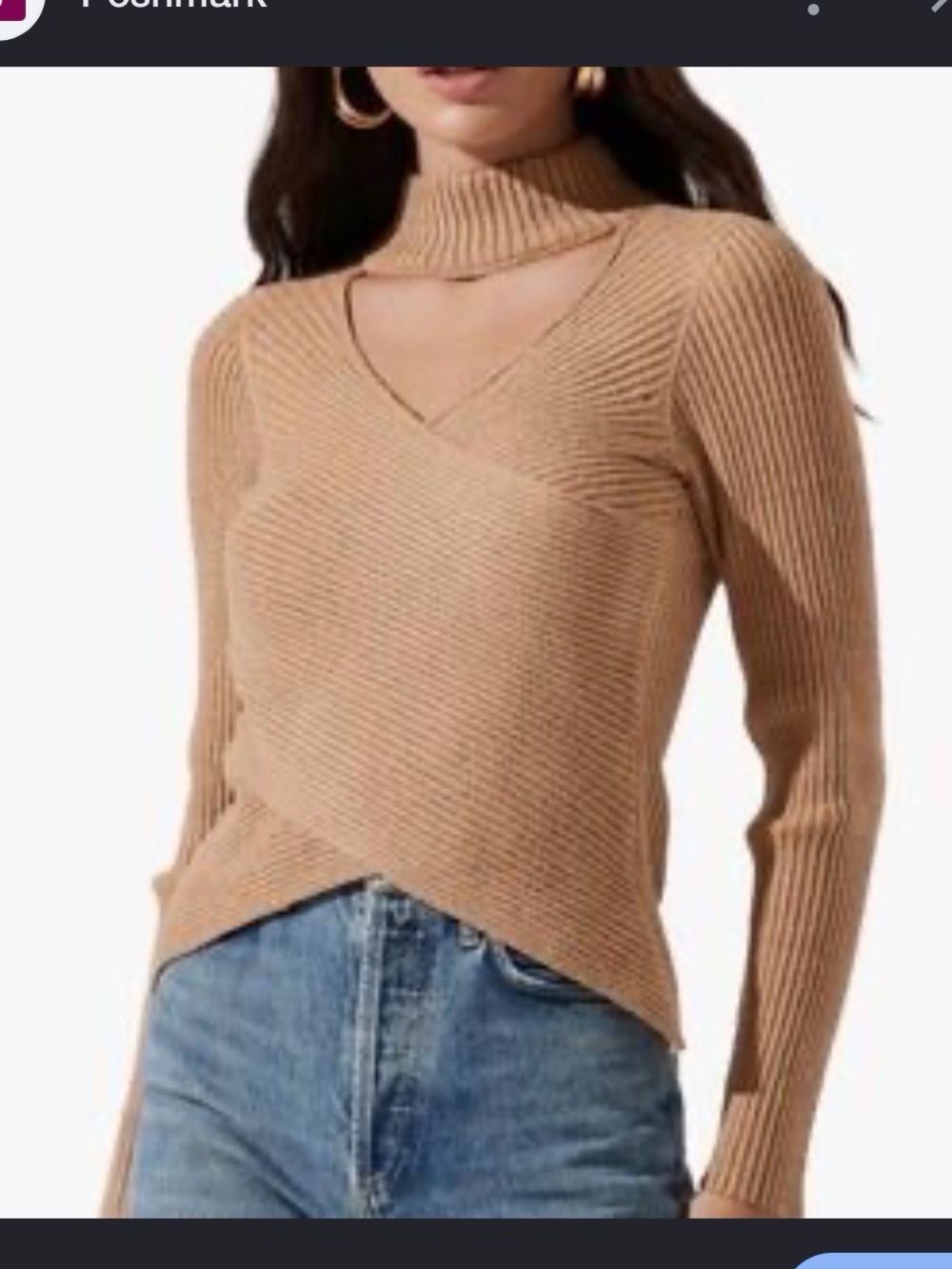 Astr Ribbed Crossover Turtleneck Sweater in Camel Brown